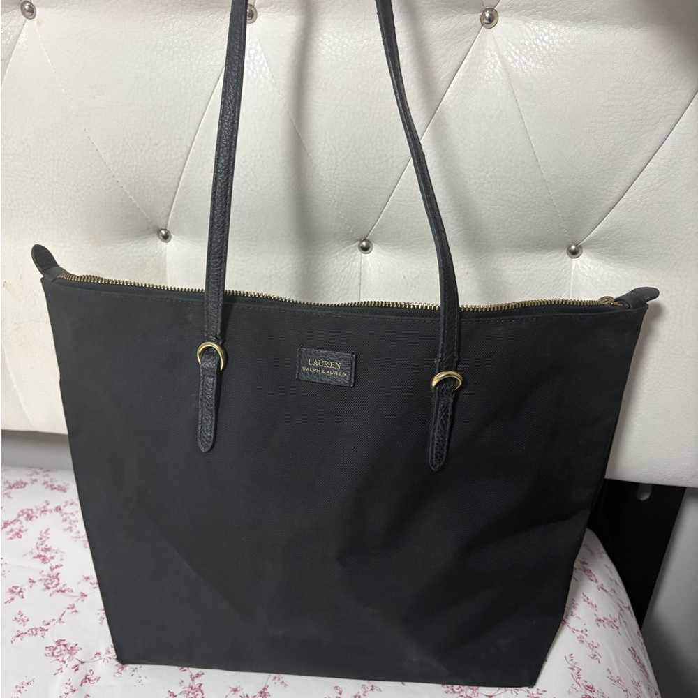 Lauren Ralph Lauren Black Nylon Shoulder Tote with Gold Accents